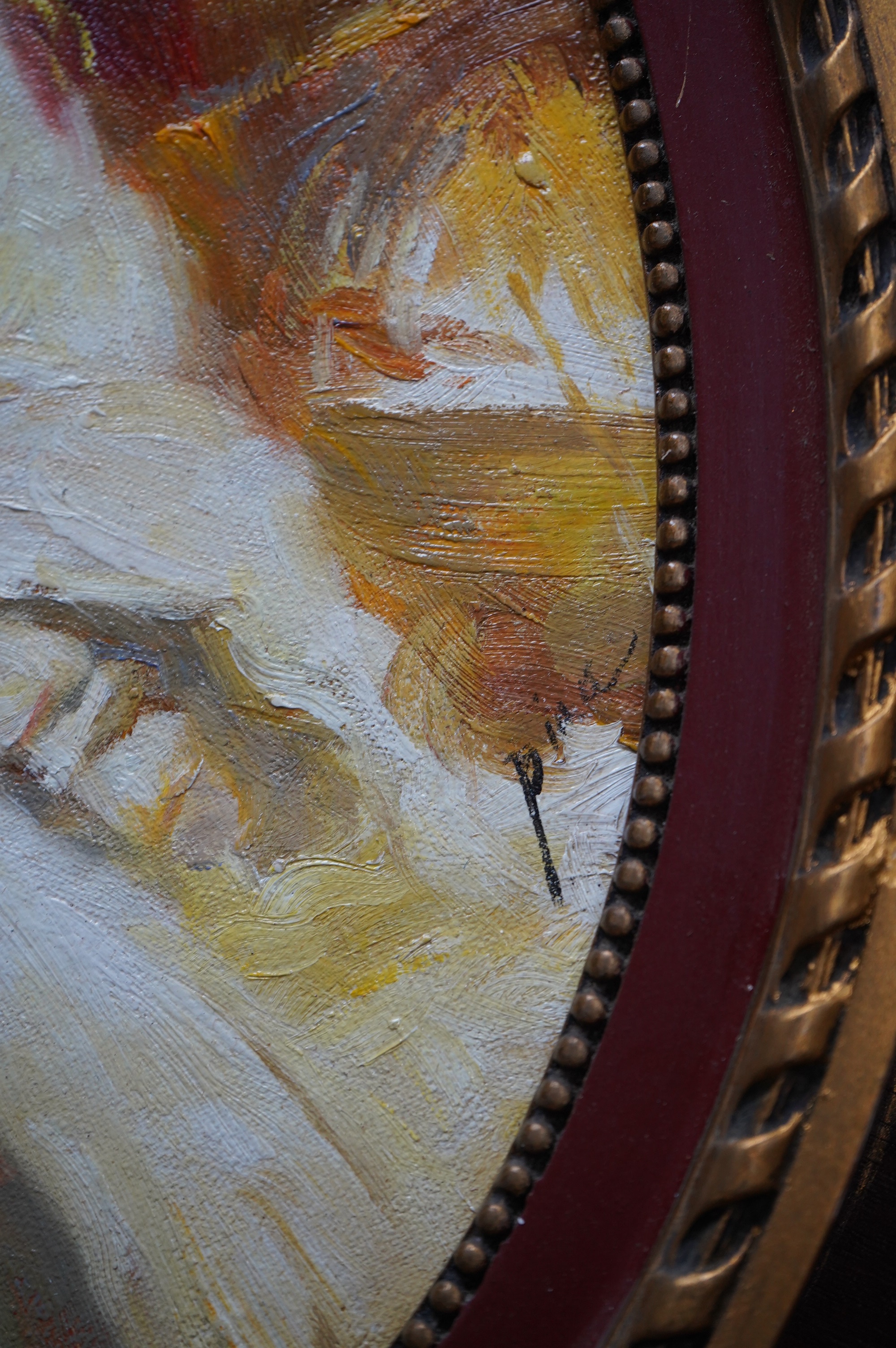 A decorative Impressionist oval oil on board, Study of an Italian beauty, 38 x 28cm, ornately framed. Condition - good